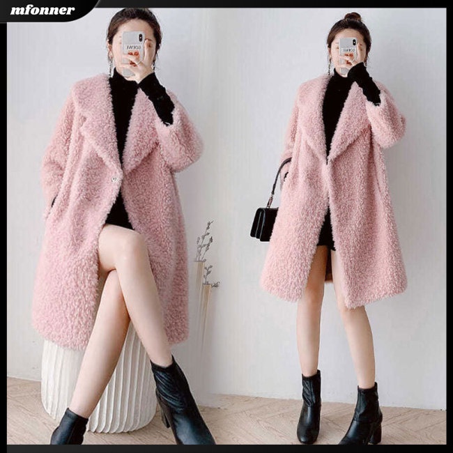 Áo Khoác Lông Cừu Tay Dài Màu Trơn Thời Trang Mùa Đông Cho Nữ