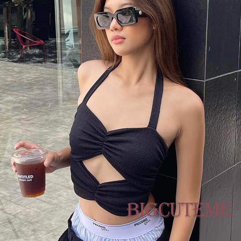 [] - Áo Crop Top Hai Dây Chéo Màu Trắng / Đen Trơn Không Tay