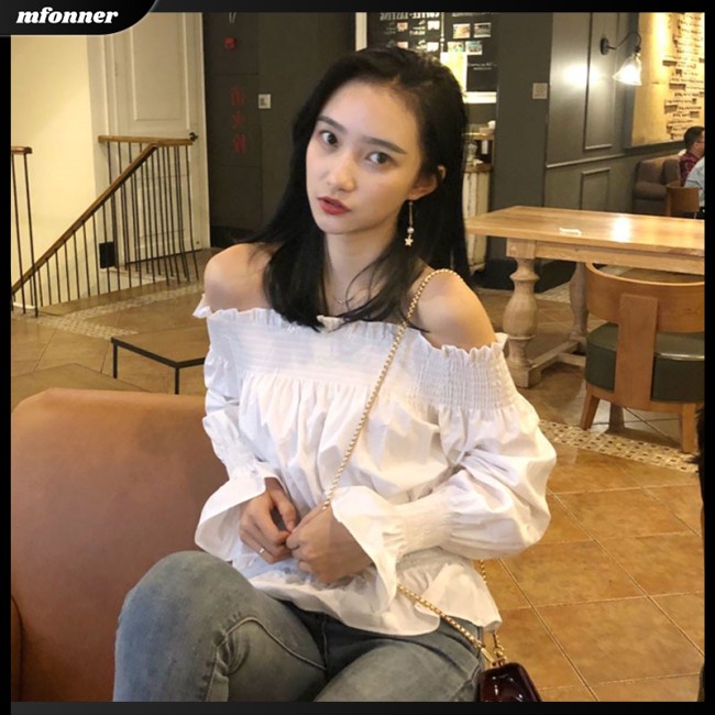 Áo Kiểu Trễ Vai Tay Dài Màu Sắc Thanh Lịch Cho Nữ