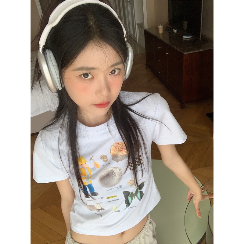 SUXI Áo Thun Tay Ngắn Cổ Tròn Dáng Ôm In Họa Tiết Thời Trang Mùa Hè Xinh Xắn Cho Nữ