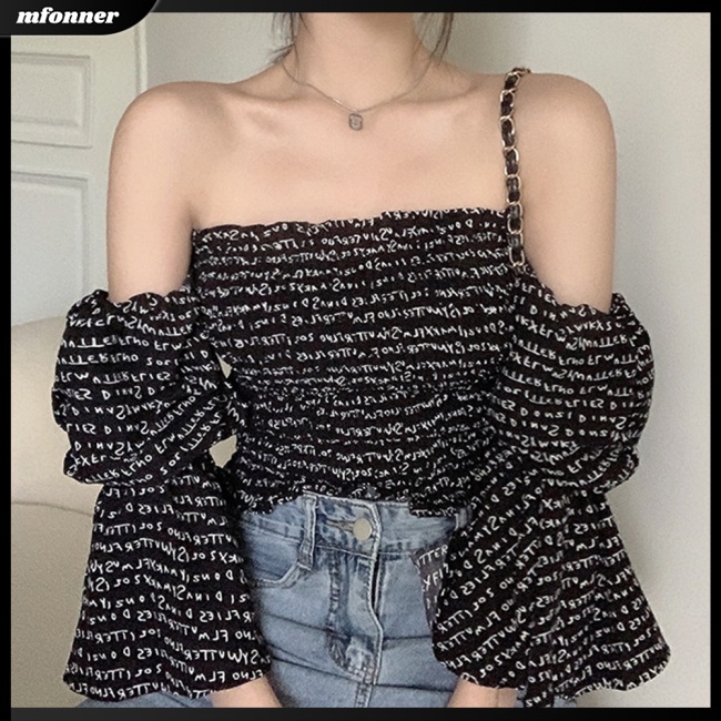 Áo Kiểu Trễ Vai Tay Ngắn Phồng In Chữ Thời Trang Mùa Hè Quyến Rũ Cho Nữ