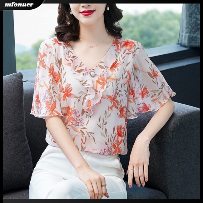 Áo Sơ Mi Chiffon Tay Lửng Dáng Rộng Cổ Chữ V In Hoa Thời Trang Mùa Hè Cho Nữ