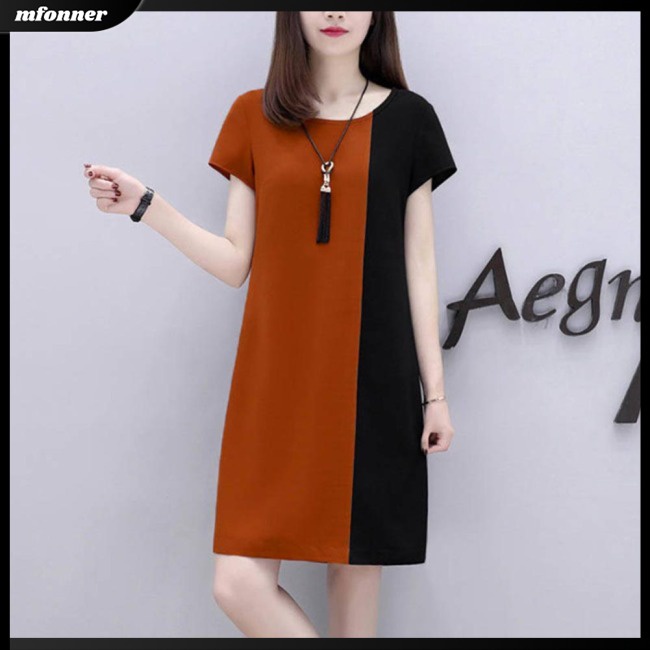 Đầm Dáng Chữ A Tay Ngắn Cổ Tròn Màu Sắc Tương Phản Thời Trang Cho Nữ