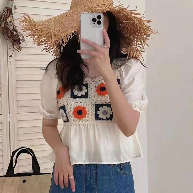 Brroa Áo Kiểu Tay Phồng Ngắn Cổ Vuông In Họa Tiết Hoa Phối Bèo Thời Trang Cho Nữ
