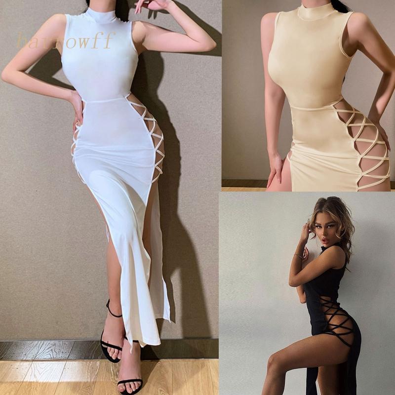 Broa Đầm Maxi Tay Dài Cổ Đan Chéo Cao Xẻ Tà Cao Gợi Cảm Cho Nữ