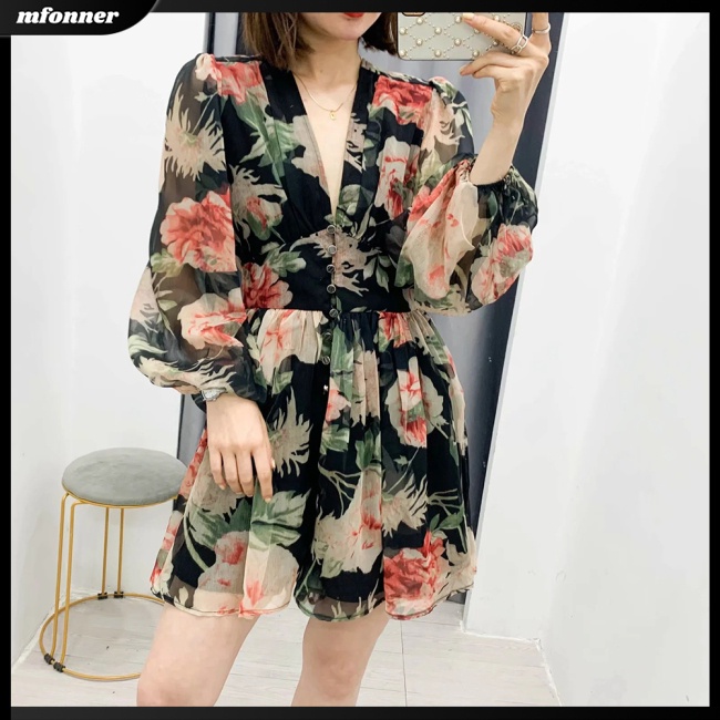 Áo liền quần Tay Phồng Dài Cổ Chữ V in Họa Tiết Hoa Nhí Xinh Xắn Thời Trang Cho Nữ