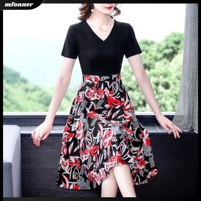 Đầm Midi Giả Hai Mảnh Áo Tay Ngắn Cổ Chữ V In Hoa Phối Chân Váy Chữ A Lưng Cao Thời Trang Mùa Hè Cho Bạn Gái