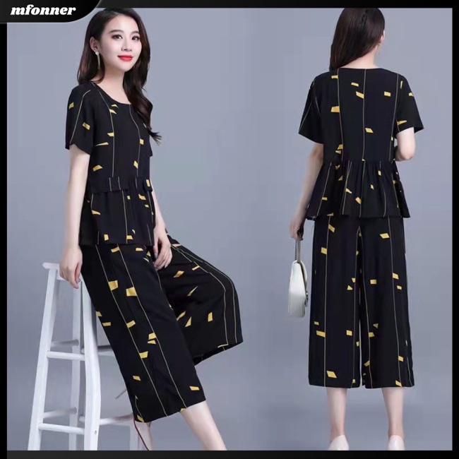 Bộ Trang Phục 2 Mảnh Áo Thun Tay Ngắn Cổ Tròn In Họa Tiết + Quần Dài Ống Rộng Thời Trang Cho Nữ