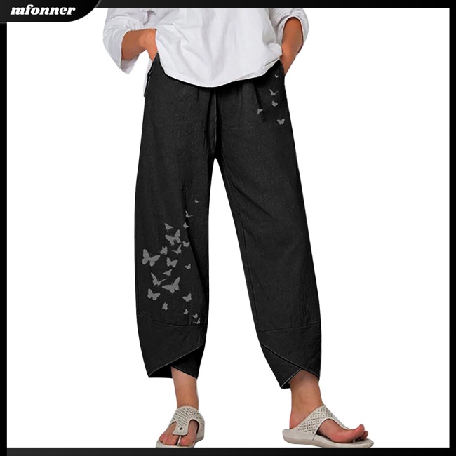 Quần Cotton Lanh Ống Rộng In Họa Tiết Bươm Bướm Thời Trang Mùa Hè Cho Nữ