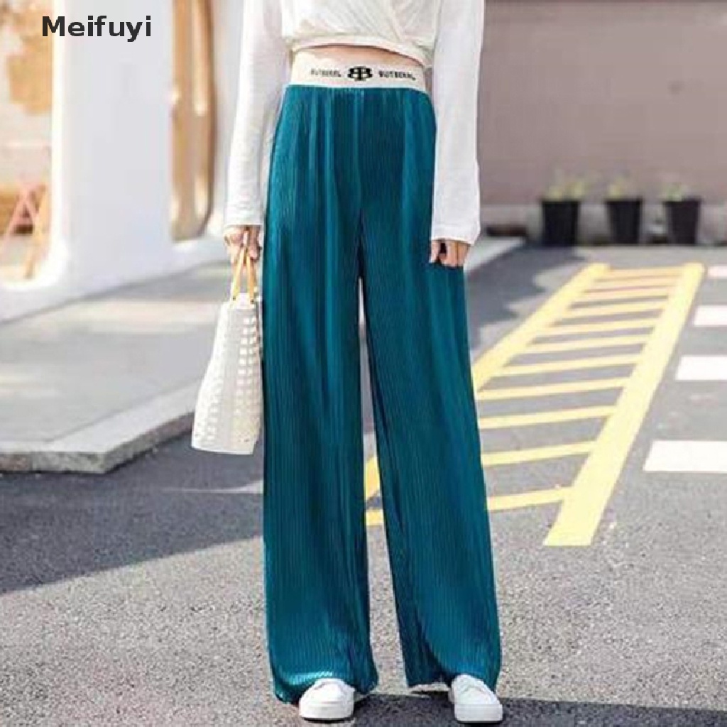 [Meifuyi] Quần ống rộng Xếp Ly Lưng Vừa Bằng Lụa Thời Trang Mùa Hè