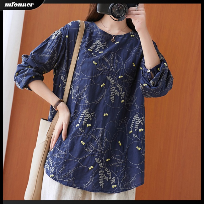 Áo Sơ Mi Cotton Lanh Chui Đầu Cổ Tròn Thêu Họa Tiết Xinh Xắn Thoải Mái Cho Nữ