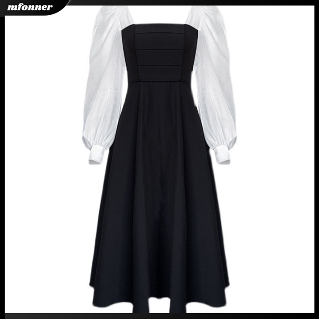 Đầm Cổ Vuông Tay Dài Eo Cao Thoáng Khí Phong Cách Retro Thanh Lịch Cho Nữ