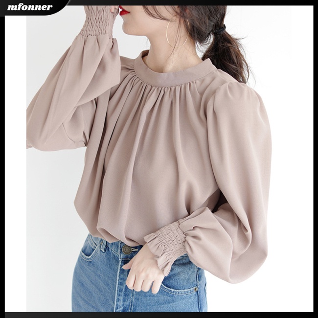 Áo Sơ Mi Voan Cổ Đứng Dài Tay Màu Trơn Phong Cách Retro Thời Trang Dành Cho Nữ