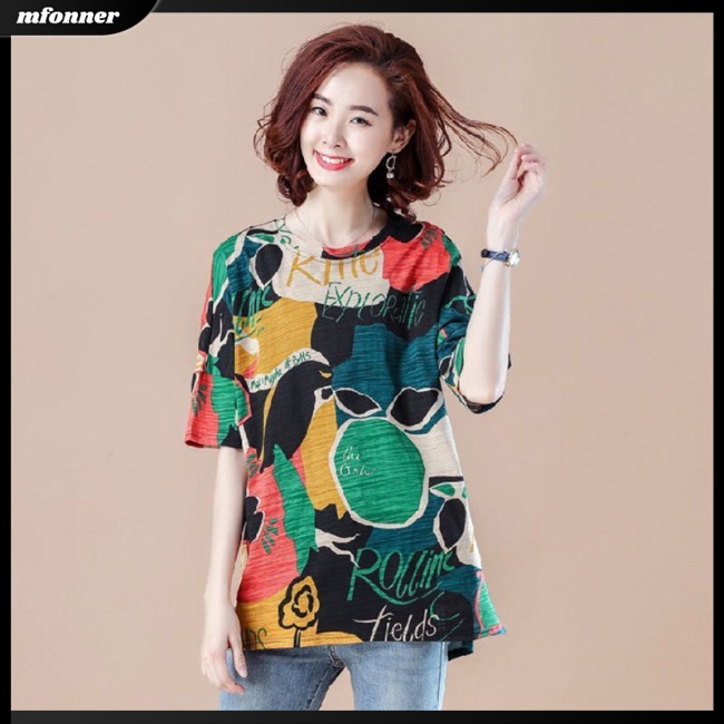 Áo Thun Tay Ngắn Dáng Rộng Cổ Tròn In Họa Tiết Thời Trang Cho Nữ