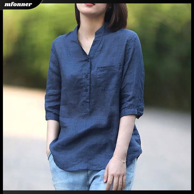 Áo Sơ Mi Cotton Lanh Cổ Đứng Dáng Rộng Tay Lửng Thời Trang Mùa Hè Cho Nữ