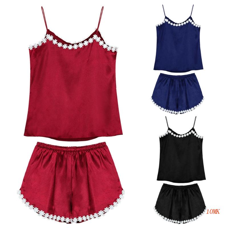 Bộ Đồ Ngủ Chất Liệu Lụa Phối Ren Thêu Hoa Thời Trang Dành Cho Nữ