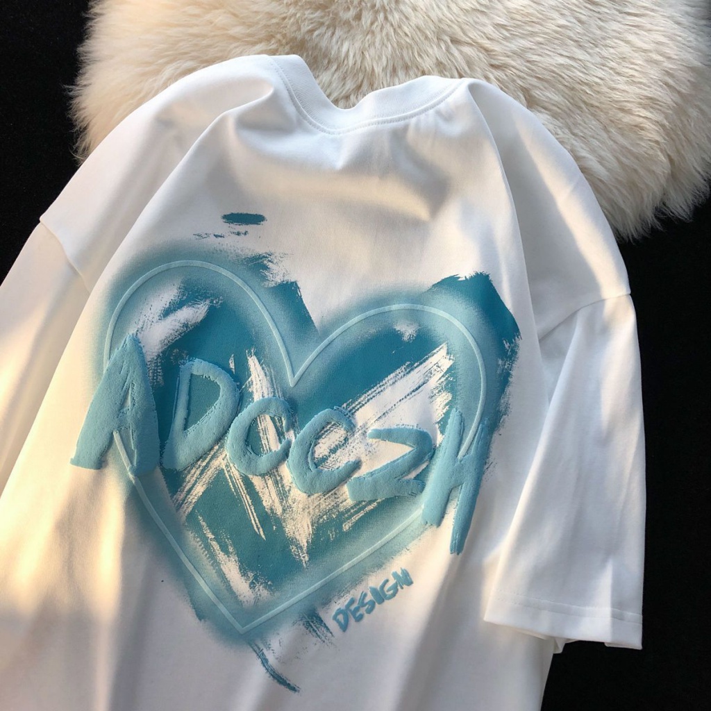 Áo Thun Ngắn Tay Dáng Rộng In Họa Tiết Trái Tim Đơn Giản Thời Trang Cho Cặp Đôi