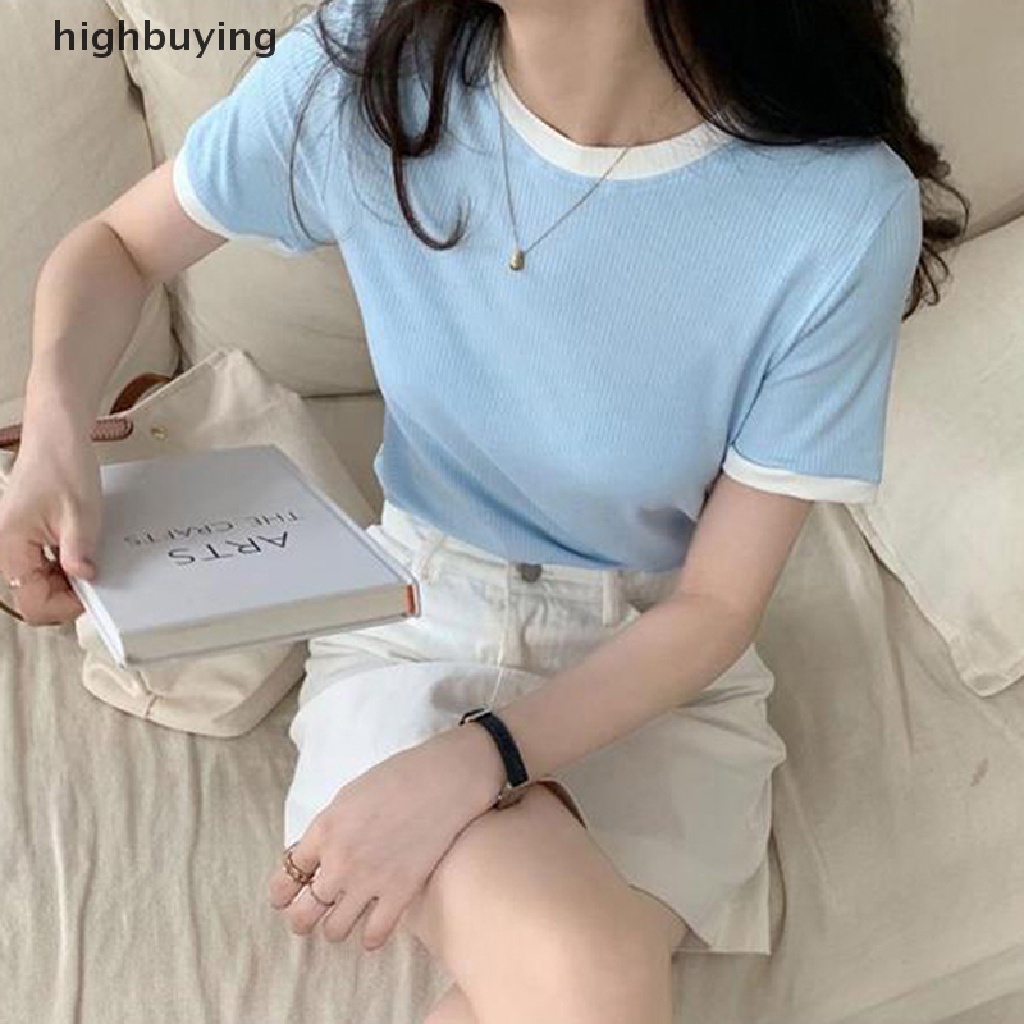 Áo Thun Tay Ngắn Cổ Tròn Màu Sắc Tương Phản Thời Trang Mùa Hè Cho Nữ