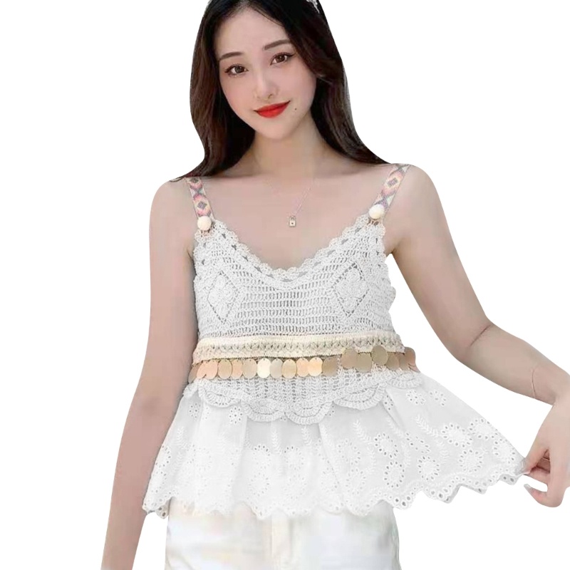 Áo Dệt Kim Sát Nách Cổ Chữ V Viền Bèo Đính Kim Tuyến Lấp Lánh Kiểu Babydoll Cho Nữ