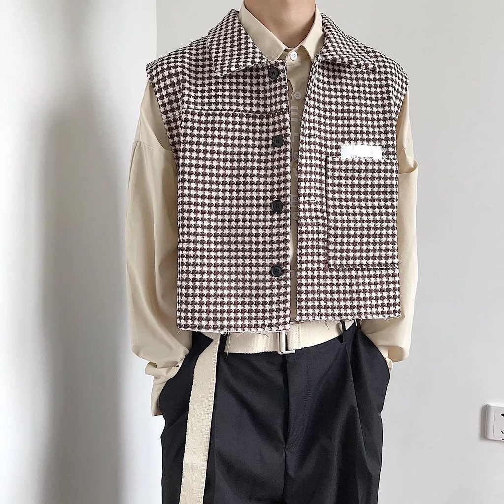 Áo Khoác Sát Nách Dáng Rộng In Họa Tiết Houndstooth Cá Tính Cho Nam