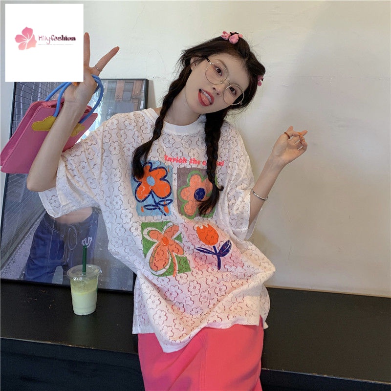 Áo Thun Tay Ngắn Dáng Rộng In Hoa Cỡ Lớn Thời Trang Mùa Hè