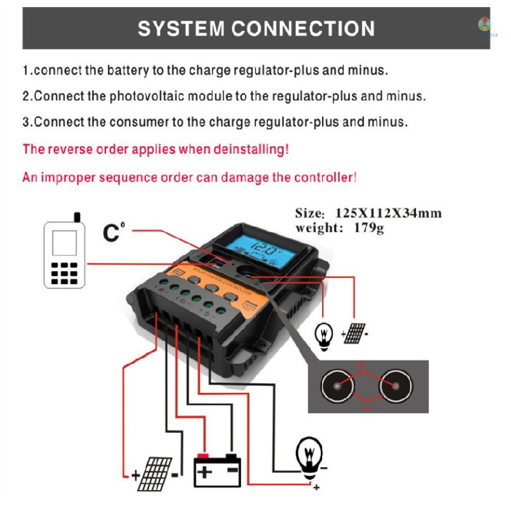 Bộ Điều Khiển Sạc Năng Lượng Mặt Trời Tự Động Đầu Ra USB Kép 12Volt 24Volt Màn Hình LCD