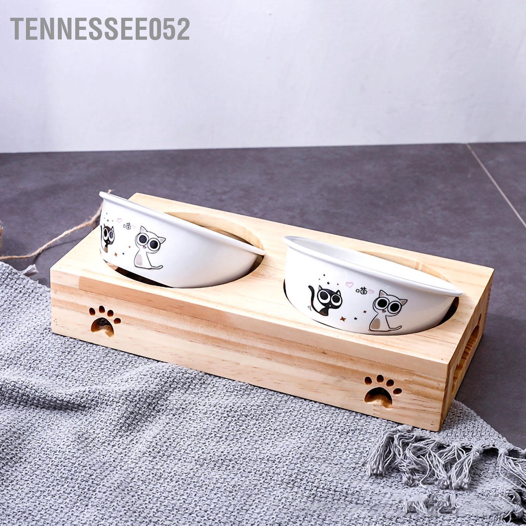 Tennessee052 Thú Cưng Tre Đôi Bát Hoạt Hình Chống Trơn Trượt Dễ Dàng Vệ Sinh Bàn Với Sứ Và Tay Cầm Cho Chó Mèo