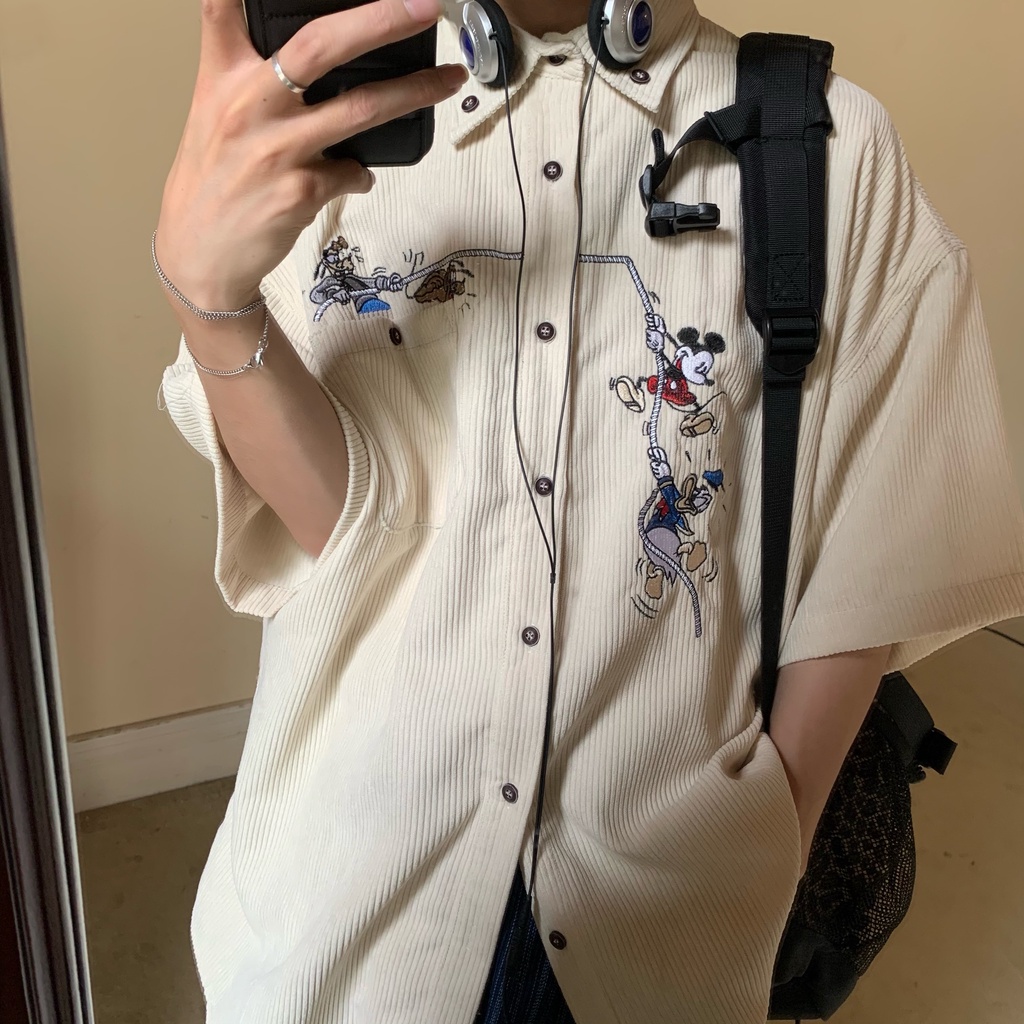 Áo Sơ Mi Tay Ngắn C2 Thêu Họa Tiết Hoạt Hình Phong Cách Hồng Kông Cổ Điển Thời Trang Cho Cặp Đôi