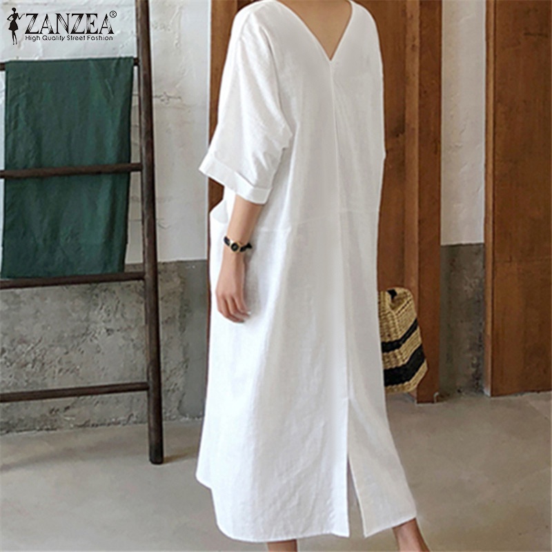 Đầm midi ZANZEA cổ chữ V tay lửng dáng rộng thời trang cho nữ