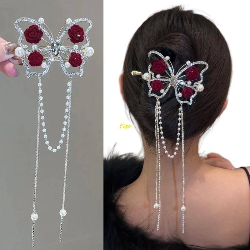 Kẹp Tóc Càng Cua Phối Tua Rua Hình Hoa Hồng Phong Cách Trung Hoa Cổ Điển Dễ Thương Dành Cho Bạn Nữ