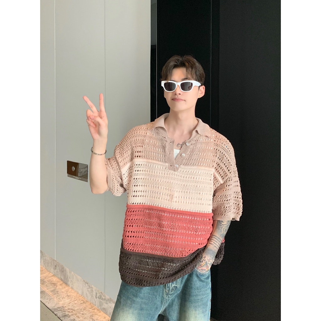 Áo Thun polo Dệt Kim Tay Ngắn Dáng Rộng Phối Nút Nhiều Màu Sắc Thời Trang Mùa Hè Cho Nam