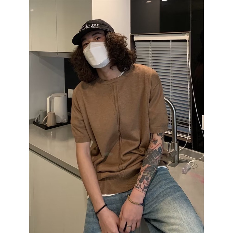 Áo Thun Dệt Kim Ngắn Tay Cổ Tròn Thiết Kế Đơn Giản Thời Trang Cho Nam