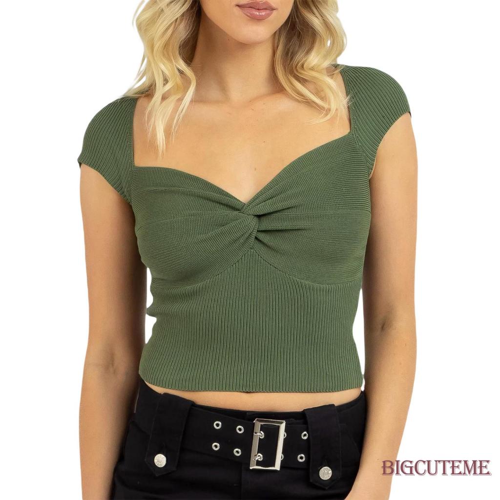 [] Áo Thun Dệt Kim Ngắn Tay Màu Trơn Cổ Xoắn Phía Trước Cho Nữ