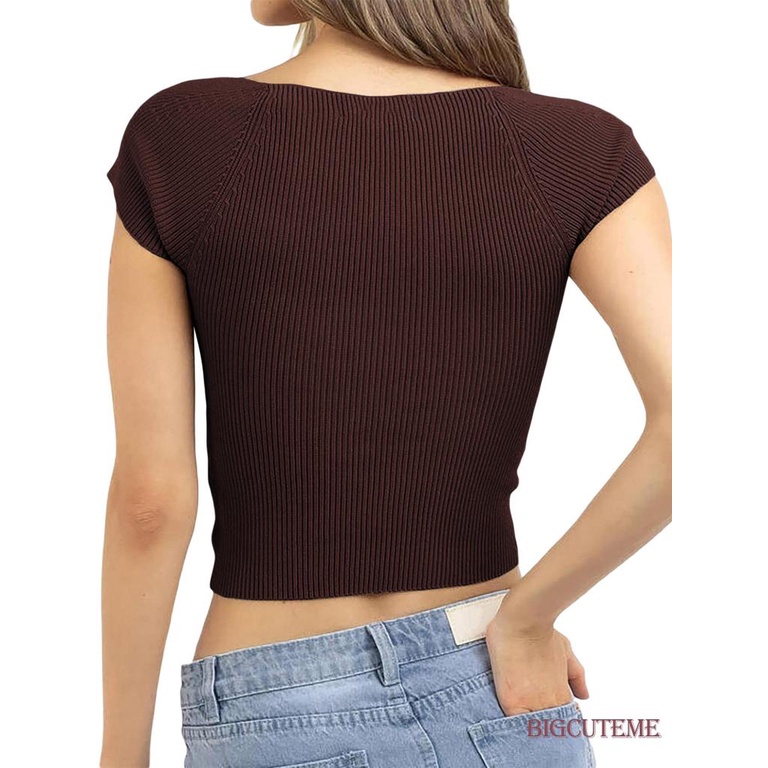 [] Áo Thun Dệt Kim Ngắn Tay Màu Trơn Cổ Xoắn Phía Trước Cho Nữ