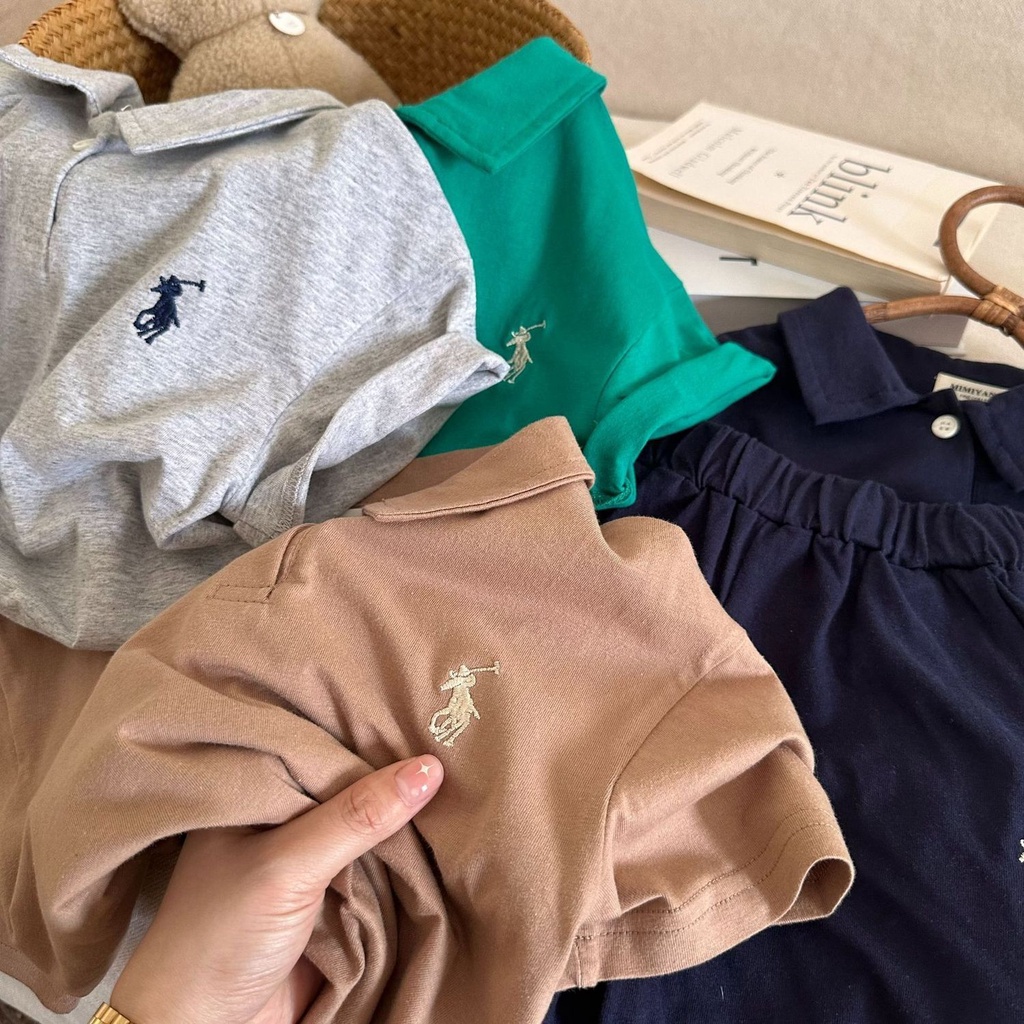Bộ Áo Thun polo Ngắn Tay Thêu Họa Tiết + Quần short Thời Trang Mùa Hè Cho Bé