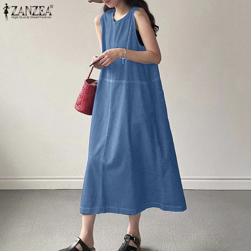Đầm denim ZANZEA không tay thời trang đường phố cá tính cho nữ