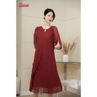 Đầm đỏ đô voan hàn quốc, dáng suông dài, cổ tròn sẻ V 40058D33 Toson
