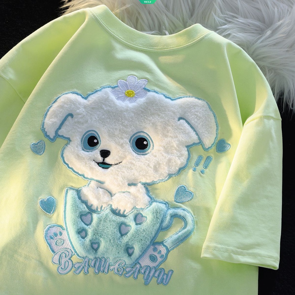Áo Thun Tay Ngắn Dáng Rộng Thêu Hình Cún Bông Dễ Thương Thời Trang Mùa Hè 2023 Cho Nữ