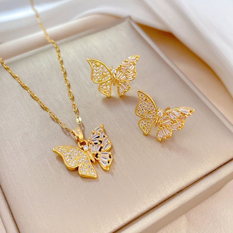 Bộ Dây Chuyền + Bông Tai Bằng Thép Titan Hình Bướm Dát Đá Nhẹ Sang Trọng
