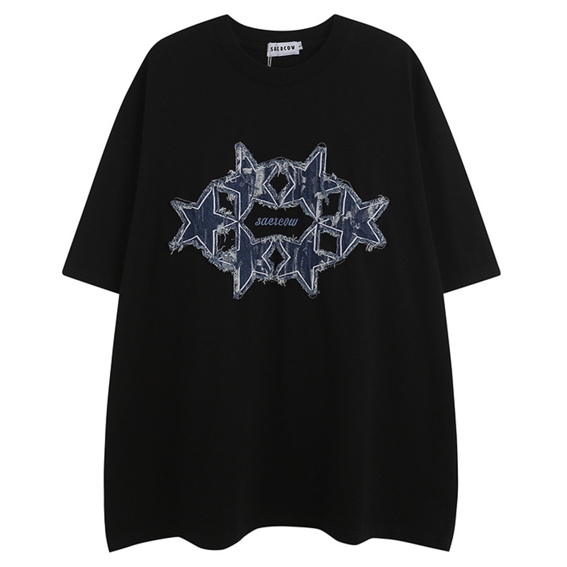 Áo Thun Denim Tay Ngắn Dáng Rộng Thêu Hình Ngôi Sao Phong Cách Harajuku Hàn Quốc Thời Trang Mùa Hè Cho Nam Và Nữ