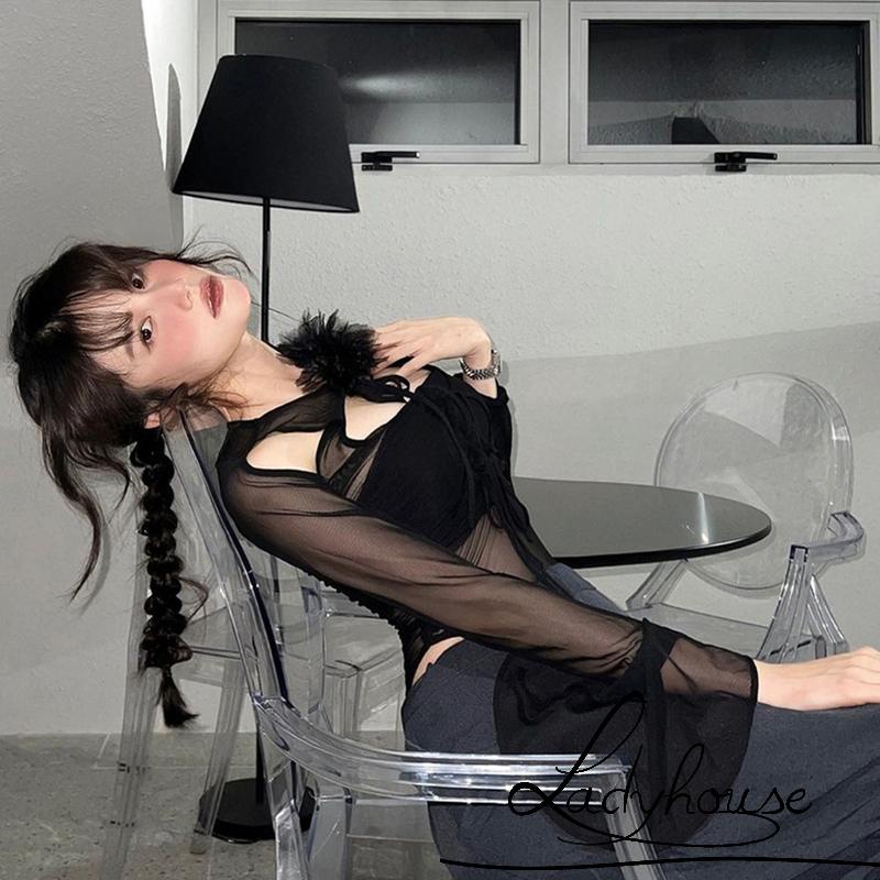 Bộ Áo Liền Quần Giả Hai Mảnh Tay Dài Ống Loe Màu Đen Thời Trang Xuân Thu Cho Nữ