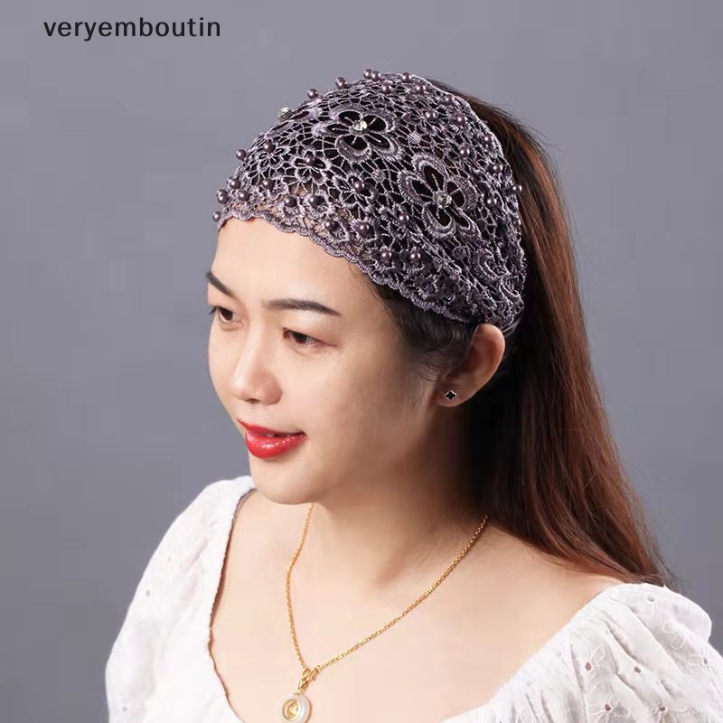 Băng Đô Ren Mỏng Vành Rộng Thoáng Khí Thêu Họa Tiết Đính Ngọc Trai Thời Trang Cho Nữ