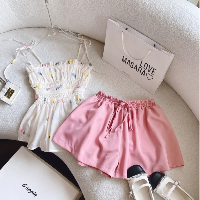 Set áo 2 dây ndue thêu hoa cột vai + short nude