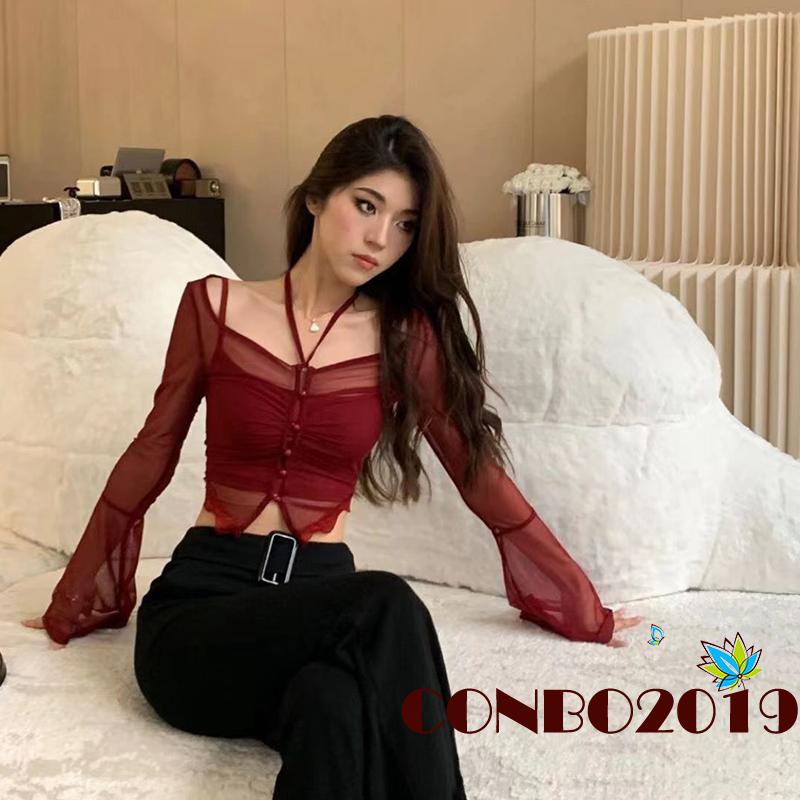Áo Thun Crop Top Tay Dài Phối Ren Lưới Cổ Thấp Thời Trang Xuân Hè Cho Nữ