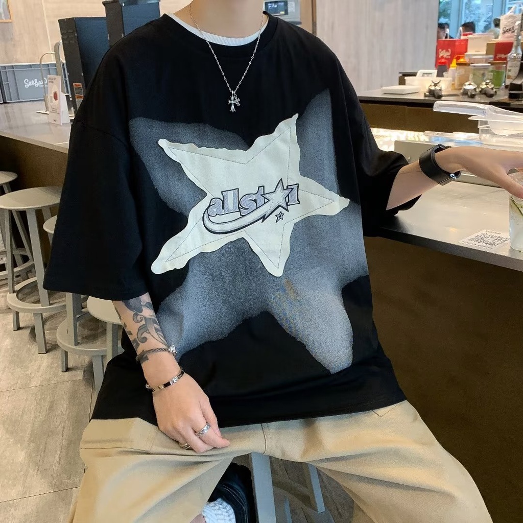 Áo Thun XPKAEAX Tay Lỡ Thêu Họa Tiết Ngôi Sao Năm Cánh Phong Cách Đường Phố Mỹ