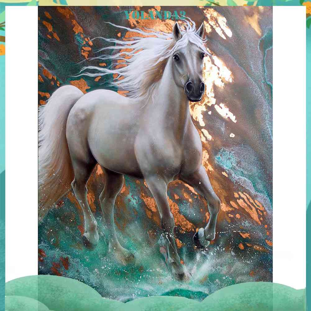Tranh Đính Đá Kim Cương Toàn Bộ Hình Vẽ Ngựa Trắng Chạy Trên Tường Trang Trí Nội Thất