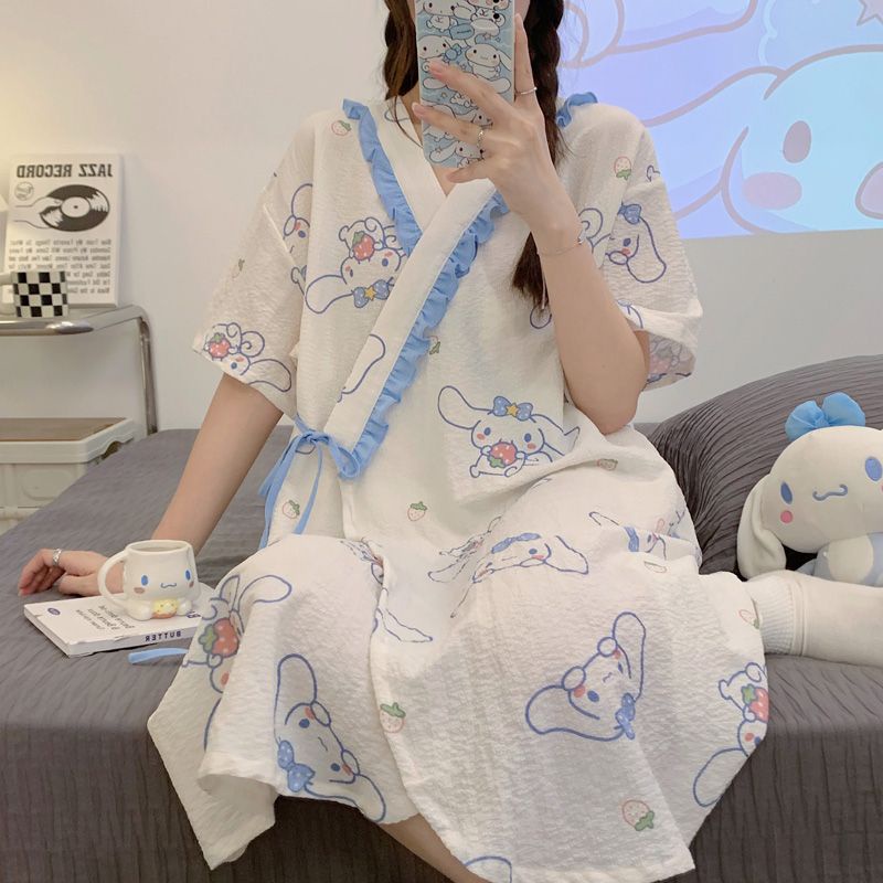 Đầm Ngủ Tay Ngắn In Hình Chú Chó Hoạt Hình Phong Cách Kimono Thời Trang Mùa Hè 2023