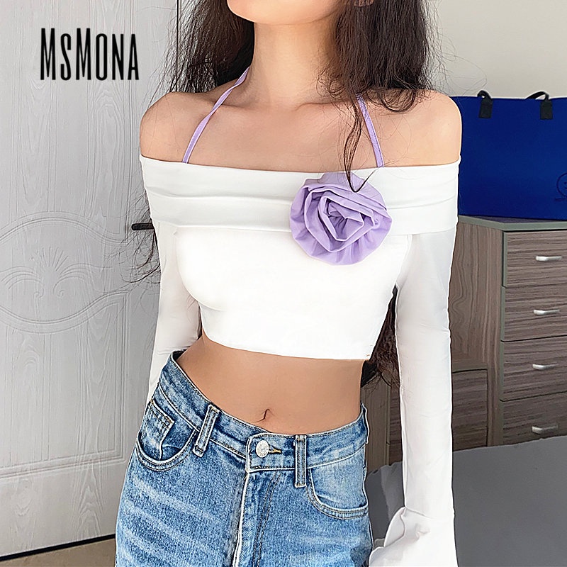 Áo Thun Crop Top Tay Dài Ống Loe In Hoa Màu Trơn Thời Trang 2023 Cho Nữ