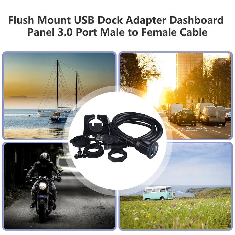 Car Dashboard Flush Mount USB Dock Adapter Dashboard Panel Port Male Female Cable Extension Cable for Motorcycle Boat
