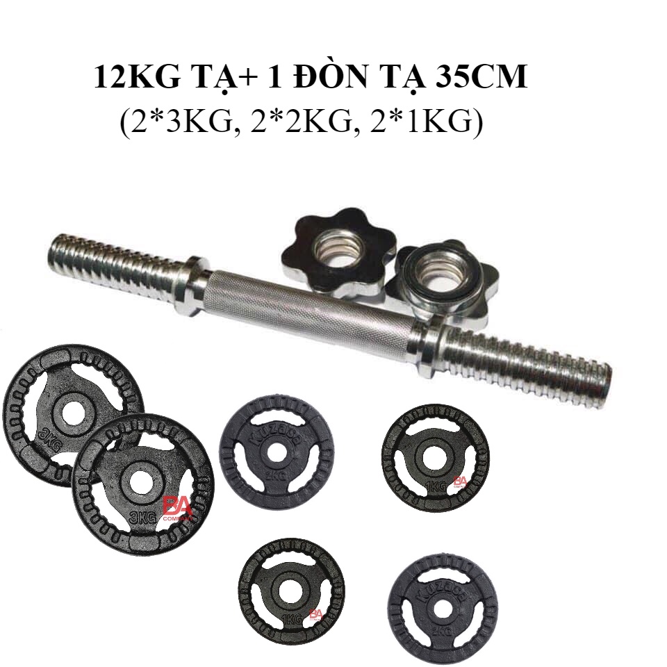 Combo Đòn tạ tay 35cm sắt xi cao cấp (1 chiếc 0,35m + 12kg tạ)